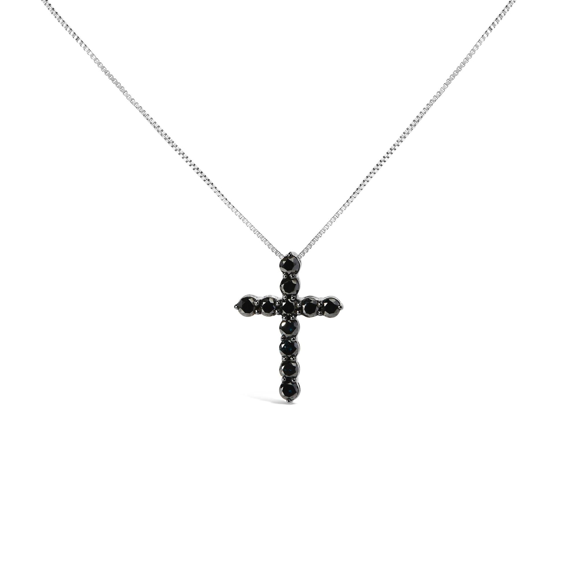 .925 Sterling Silver and Black Rhodium 1.0 Cttw Black Diamond Cross Pendant Necklace (Black Color, I2-I3 Clarity) - 18" Inches-0