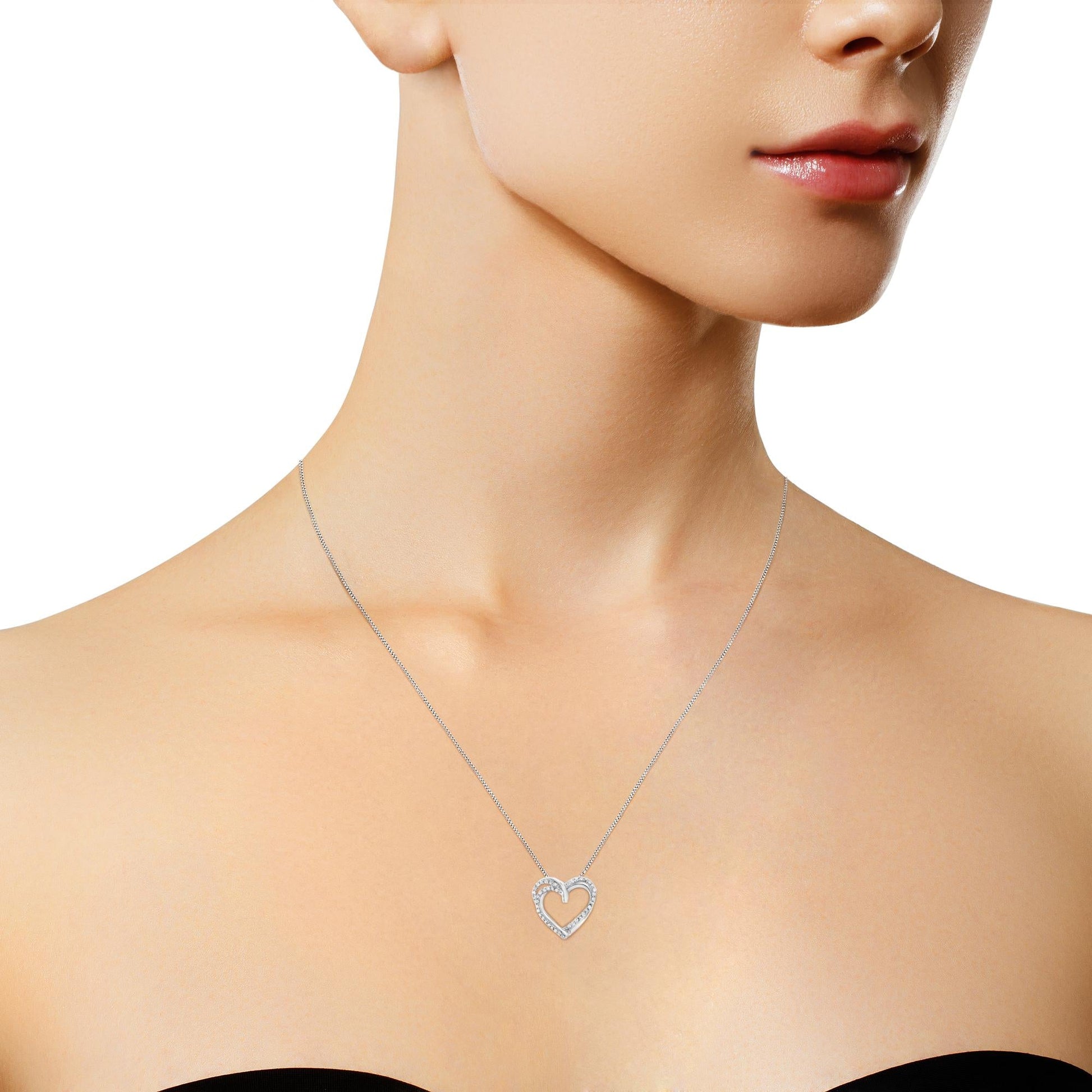 .925 Sterling Silver 1/4 cttw Prong Set Round-Cut Diamond Woven Double Heart 18" Pendant Necklace (I-J Color, I2-I3 Clarity)-3